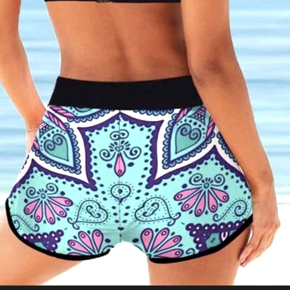 Swim Shorts Summer Black and Teal Patterned Women's - Picture 2 of 4